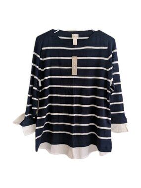Chico’s NWT Striped Mixed Media Sweater Top 2-in-1 Layered Look Navy White Sz L